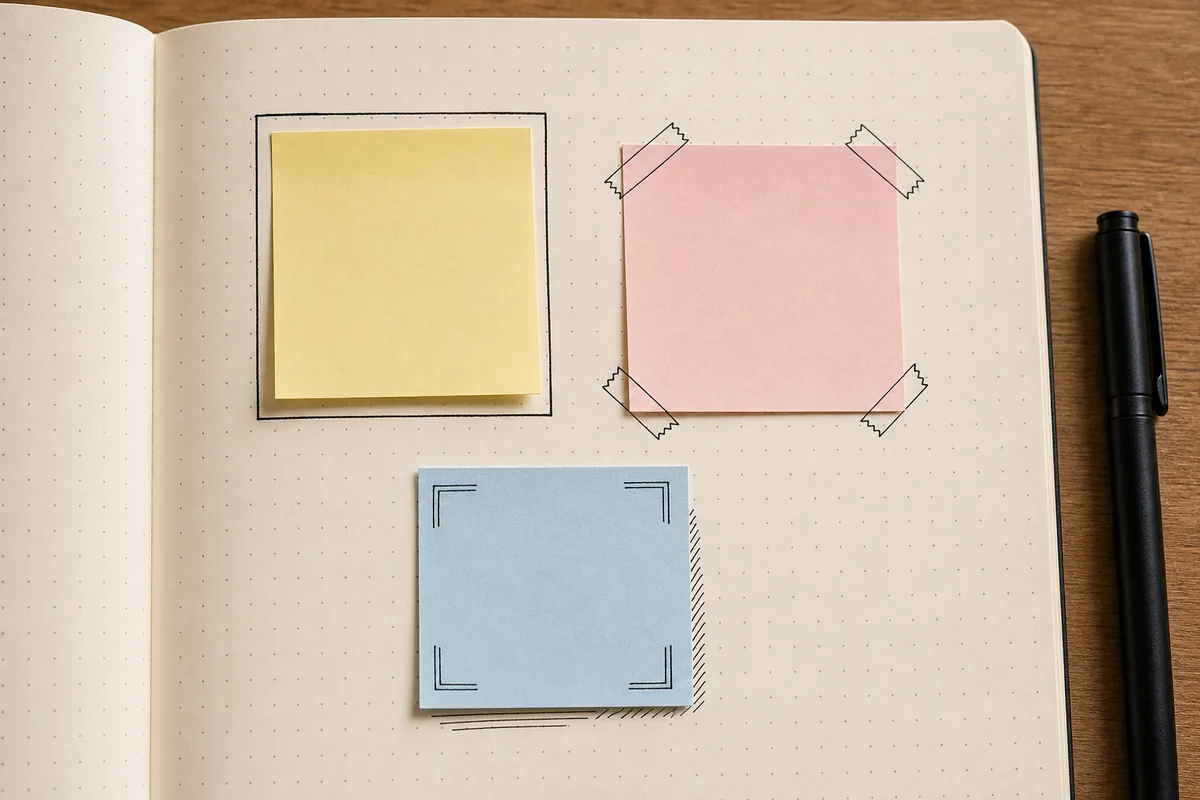 Three sticky notes on a journal page with pen-drawn border, fake tape corners, brackets, and shadow lines