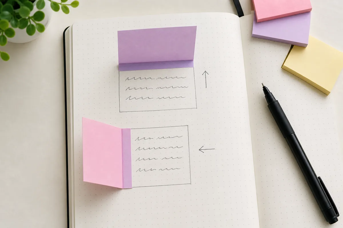 Open journal showing a sticky note lifted upward and another opened sideways like a door