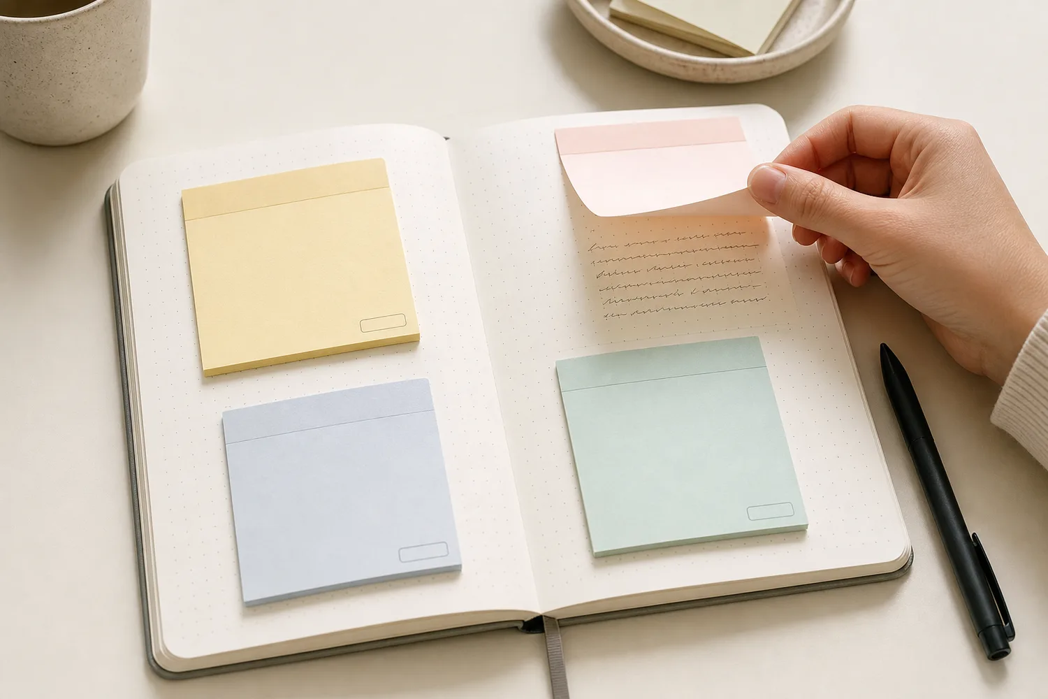 Open journal with pastel sticky notes, one lifted to reveal hidden handwriting underneath