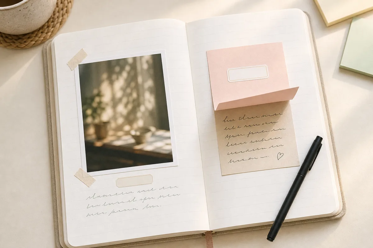 Open journal with a small photo and a sticky note flap lifted to reveal hidden writing