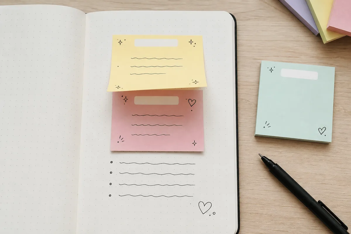 Open journal with two offset sticky notes layered over hidden handwriting on the page