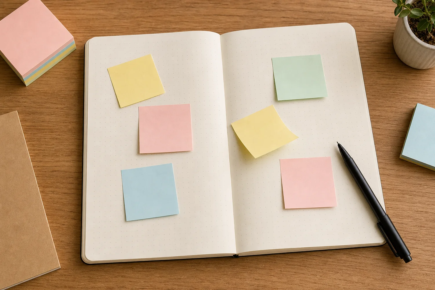 Open journal with several pastel sticky notes placed loosely on the page beside a black pen