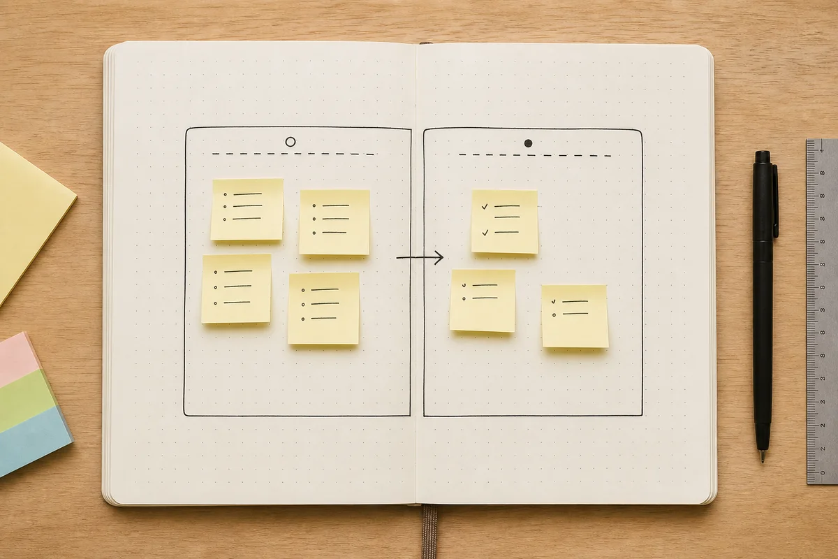 Open journal with two hand-drawn zones and small sticky notes moved from the left side to the right side