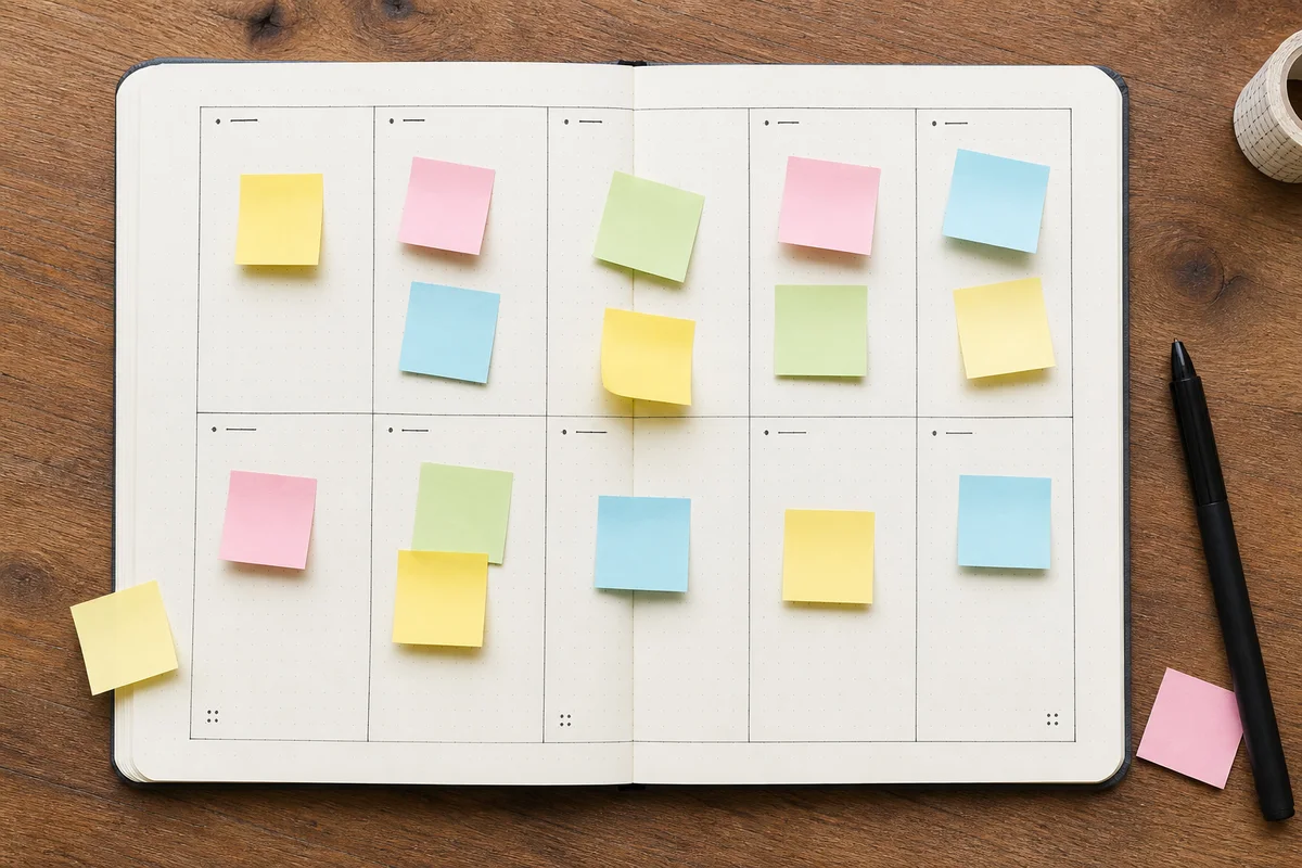 Open weekly journal layout with pastel sticky notes placed across simple day boxes