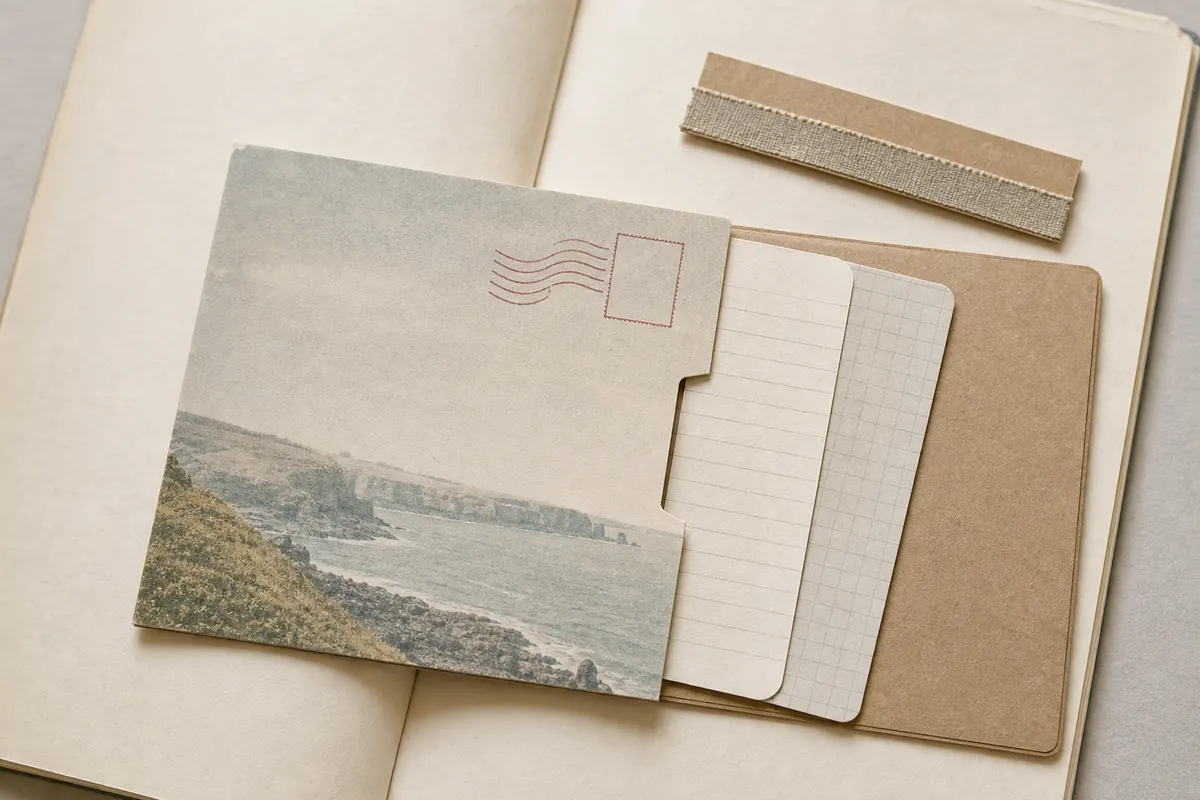 Close view of a postcard pocket with side slot, backing card, thin inserts, and optional hinge strip