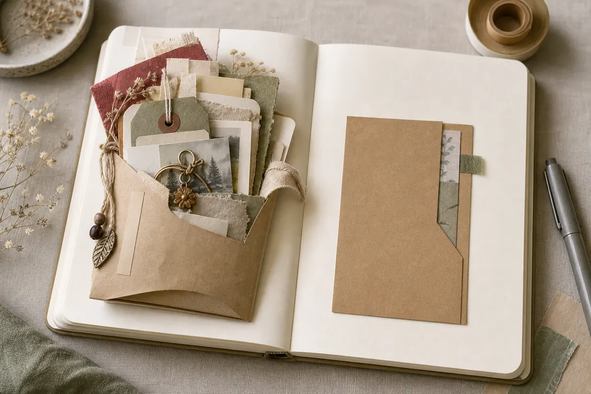 Open journal comparing an overstuffed bulky postcard pocket with a clean low-bulk stuffed postcard pocket