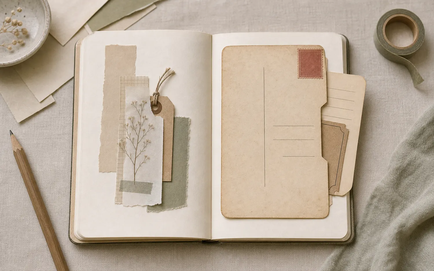 Open journal with a vintage-style postcard pocket and thin journaling cards peeking from the side