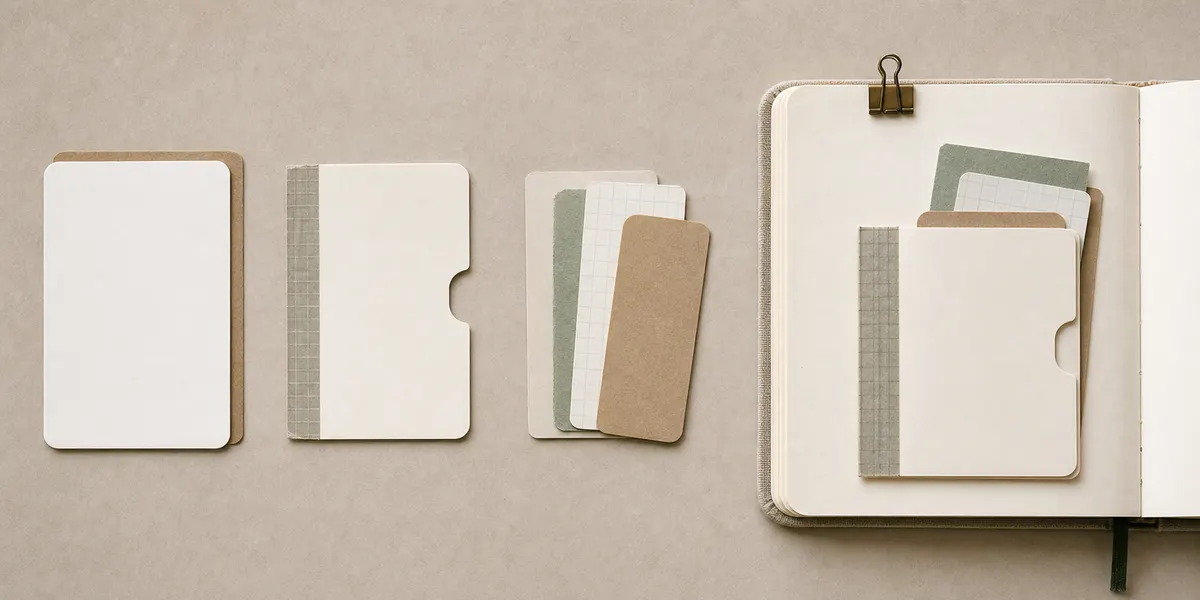Four-stage process showing postcard front and backer, side slot, thin inserts, and finished postcard pocket on a journal page
