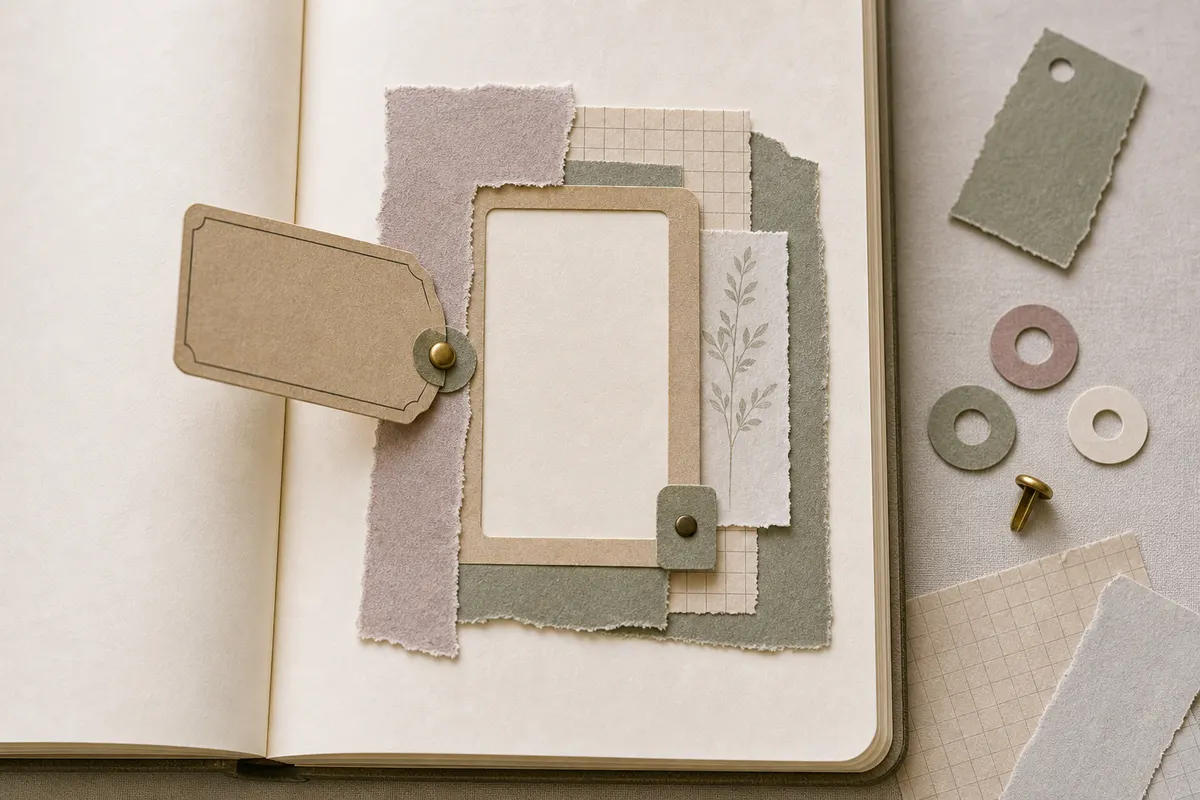 Close view of a swing tag attached with a brass brad and paper washer beside a blank hidden writing field