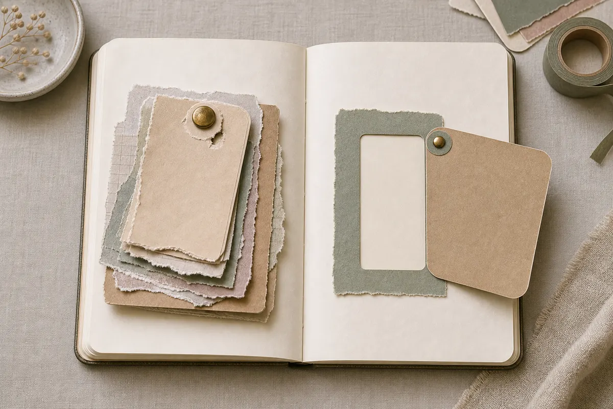 Open journal comparing a bulky torn swing embellishment stack with a clean low-bulk brad pivot cover