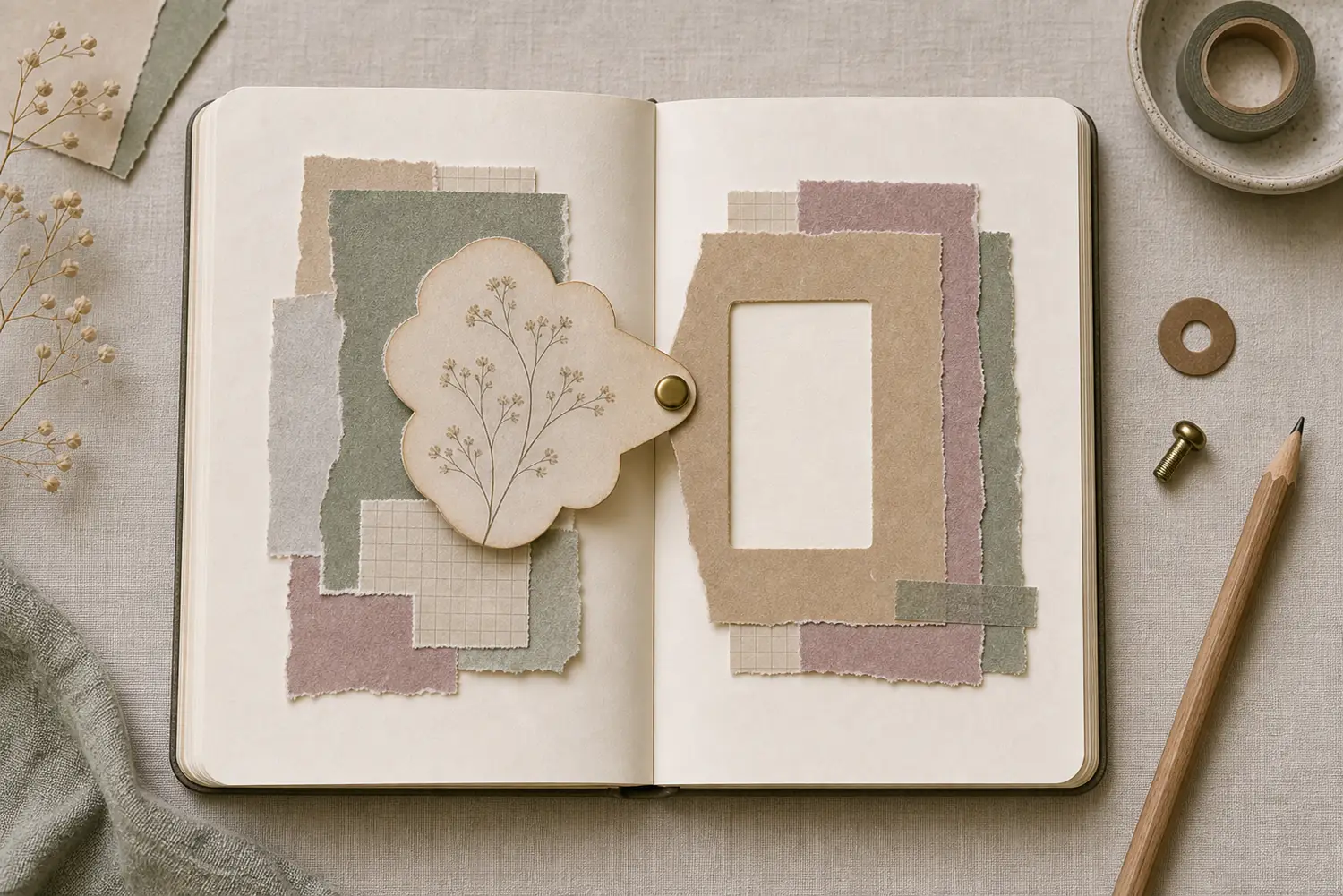 Open journal with a paper embellishment swinging aside on a small brass brad to reveal a blank hidden writing space