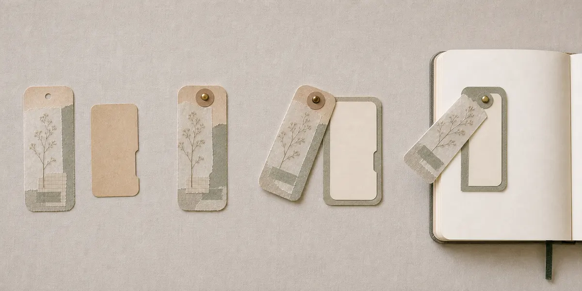 Four-stage process showing paper pieces, a brad pivot, a swinging tag revealing a blank note field, and the finished journal page