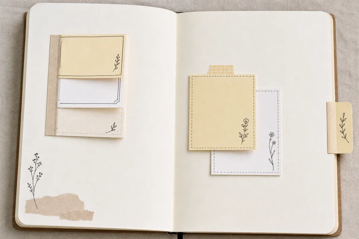 Journal page with a mini memo booklet, layered reveal flaps, and a narrow page-edge tab