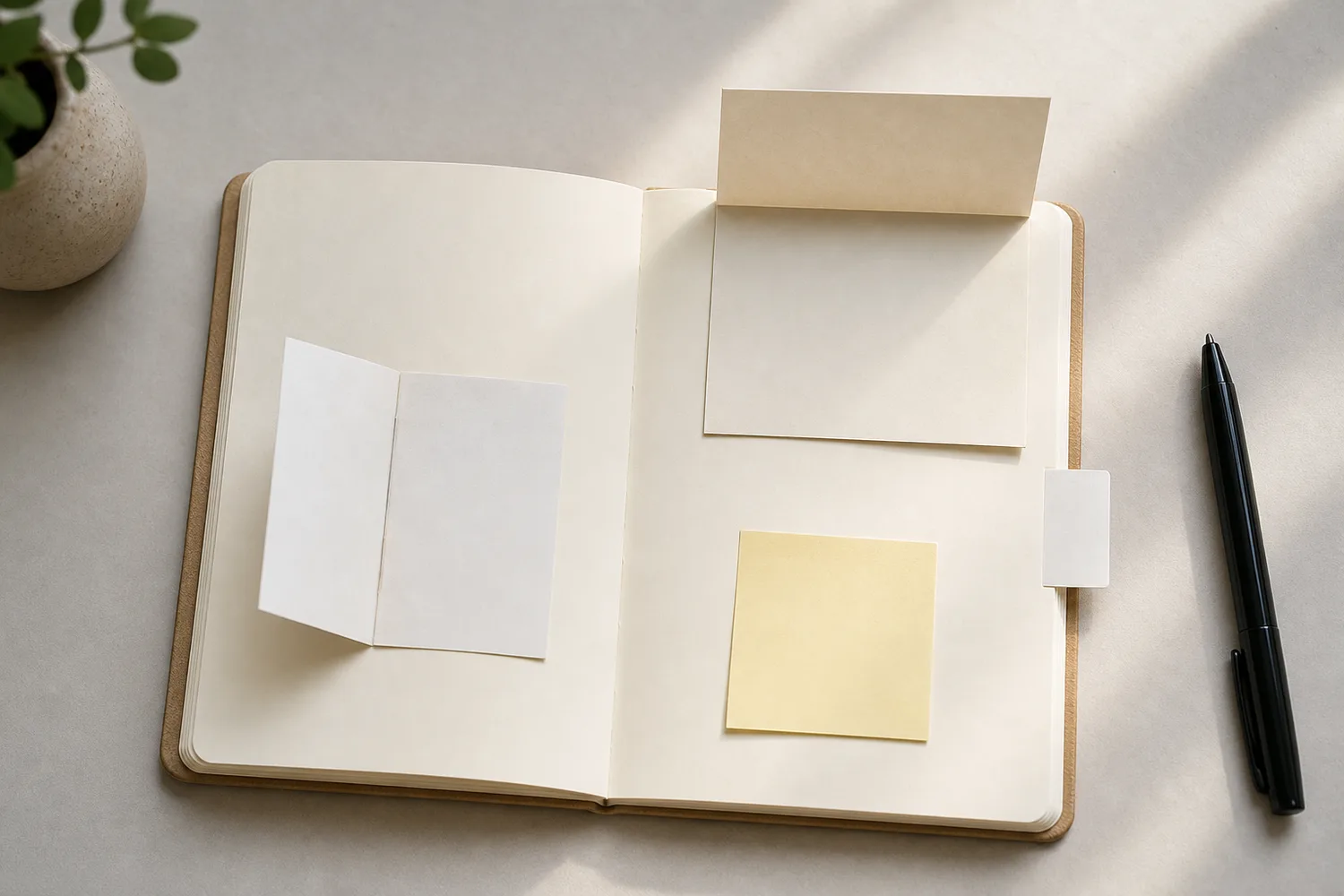 Open journal page with small memo tip-ins, lifted flaps, a page-edge tab, and a black pen