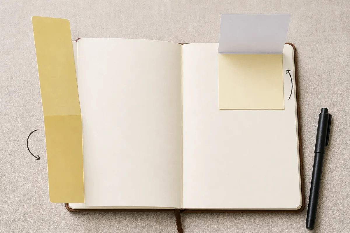 Open journal with a tall vertical flip-out memo and a top flip memo lifted upward