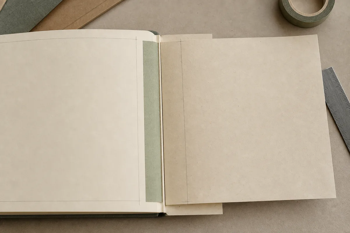 Diagram-style journal spread showing tip-in page, folded hinge strip, gutter clearance, and writing area