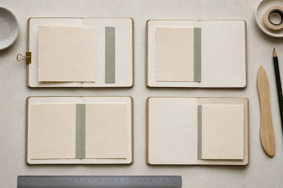 Step sequence showing a tip-in page cut to size, a folded hinge strip attached, the page opening flat, and the closed journal test