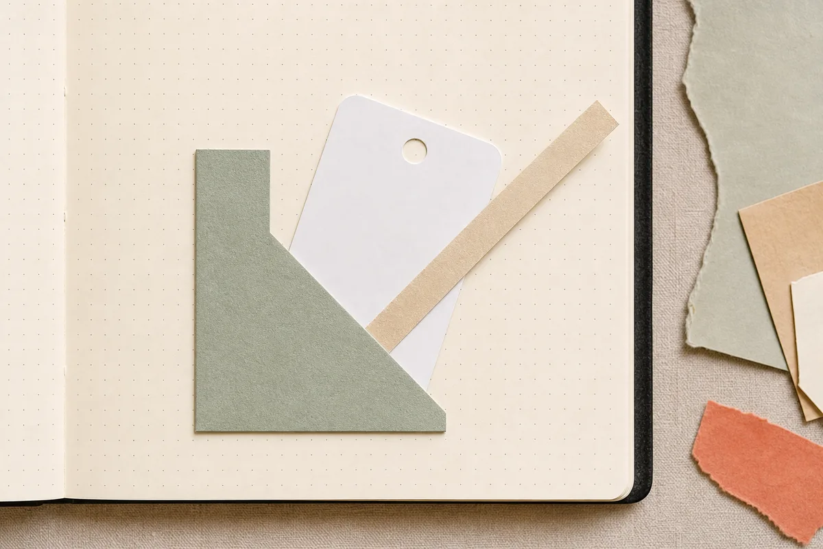 Blank tag partly tucked behind a rectangular paper L-stop with release paper guarding the open corner