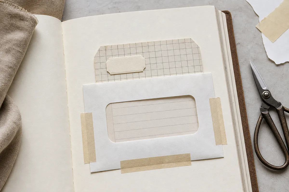 Window envelope pocket attached to a journal page with three taped edges and a blank note behind the window