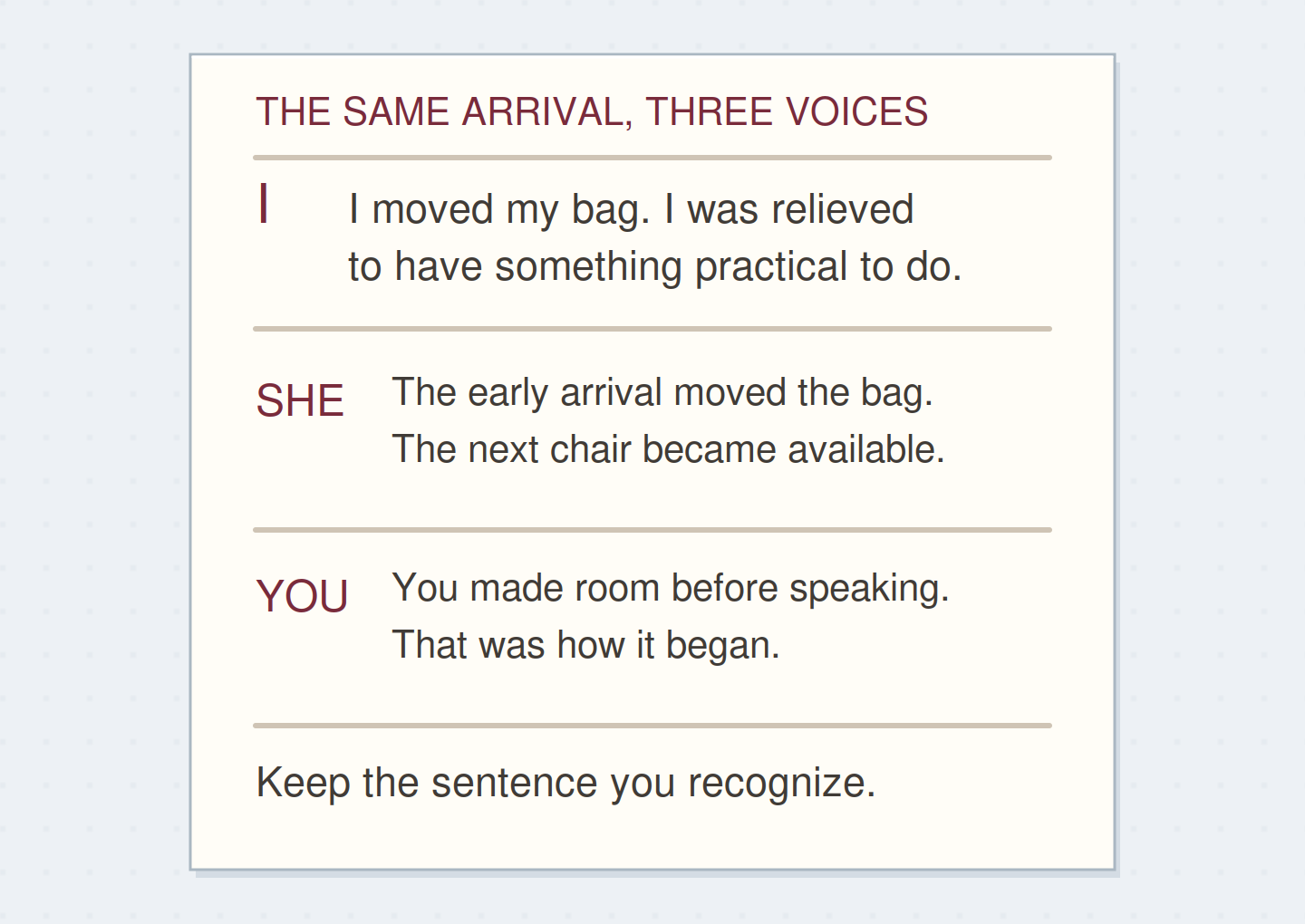 One arrival is retold through an inside voice, an observer and a direct note to the writer.