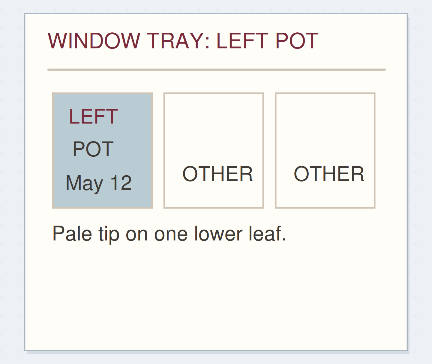 WINDOW TRAY: LEFT POT. Original schematic example; method details shown on the page.
