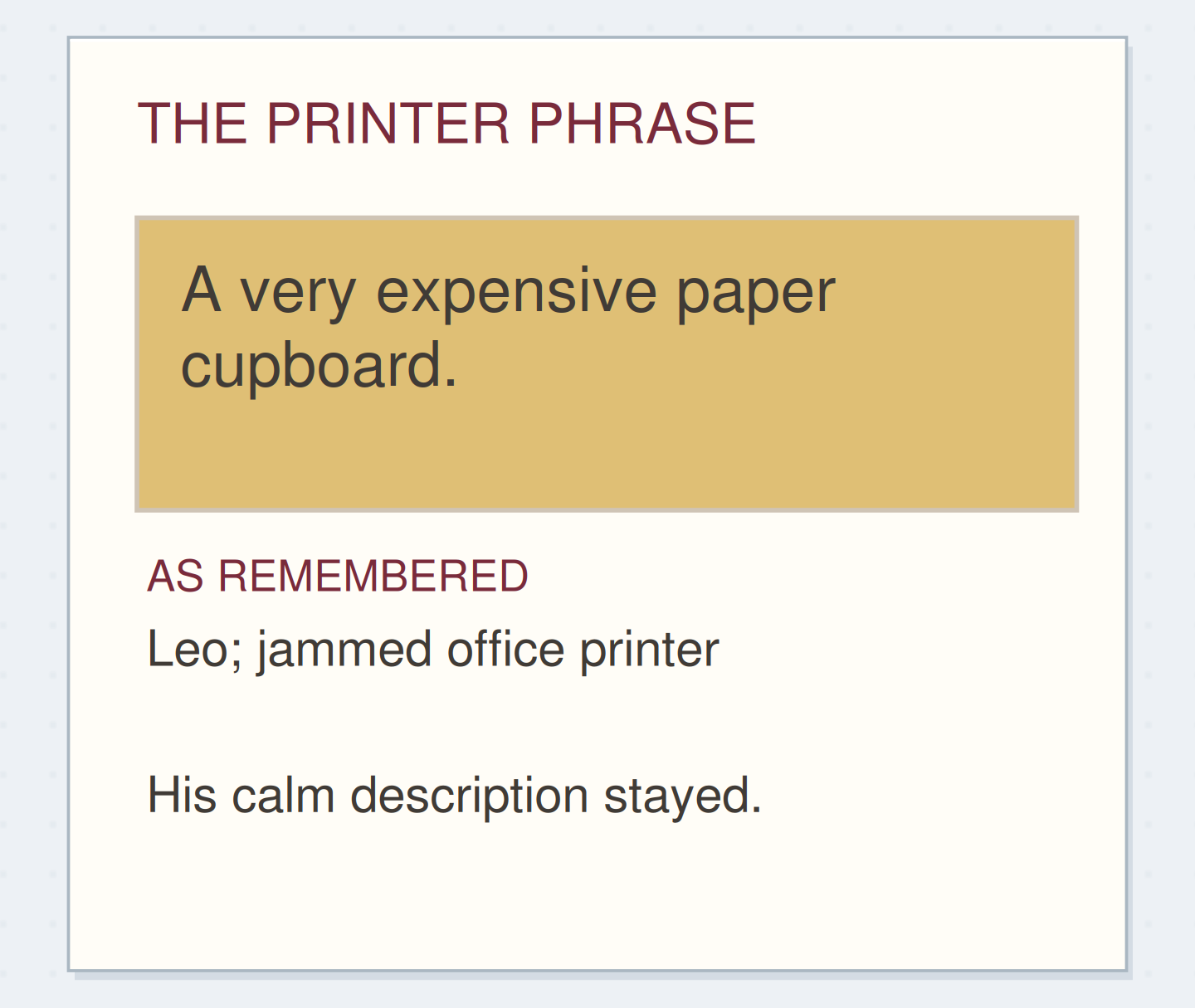 A remembered phrase with its setting and accuracy label