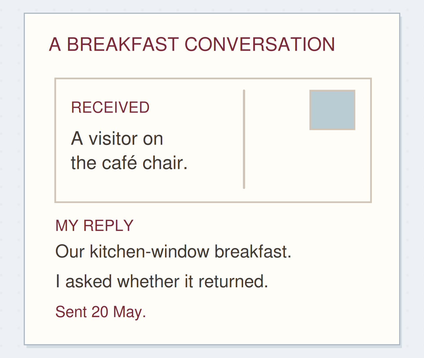 A received detail leads to an actual postcard reply