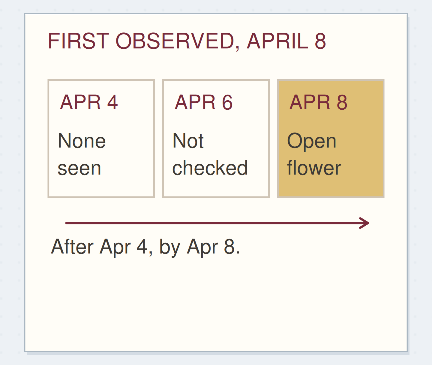FIRST OBSERVED, APRIL 8. Original schematic example; method details shown on the page.