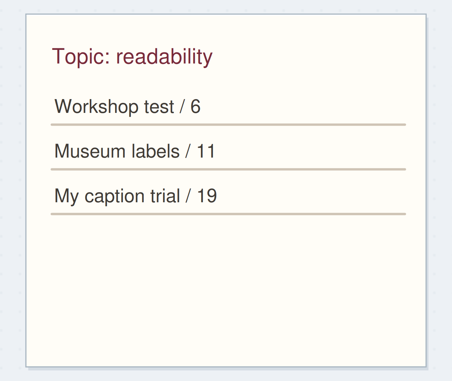 A topic entry connects related material without moving its pages.