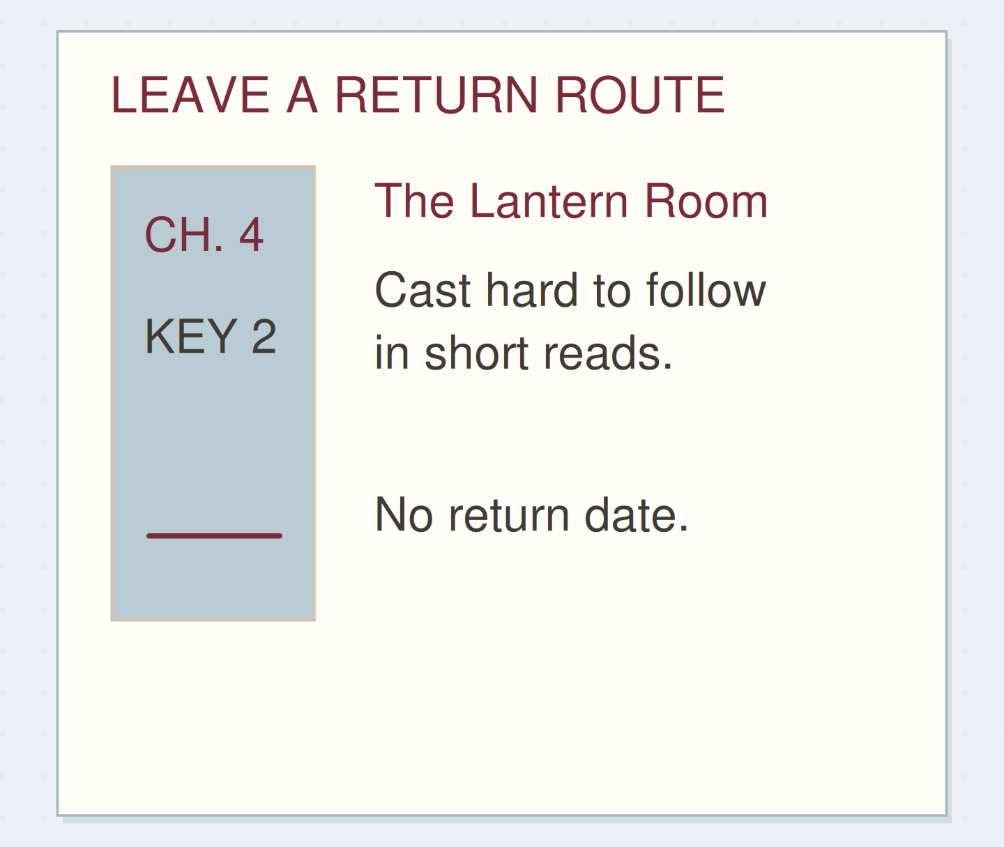 LEAVE A RETURN ROUTE. Original schematic example; method details shown on the page.