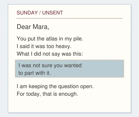 An unsent letter keeps a greeting, a shared scene, the unsaid thought and a present ending.
