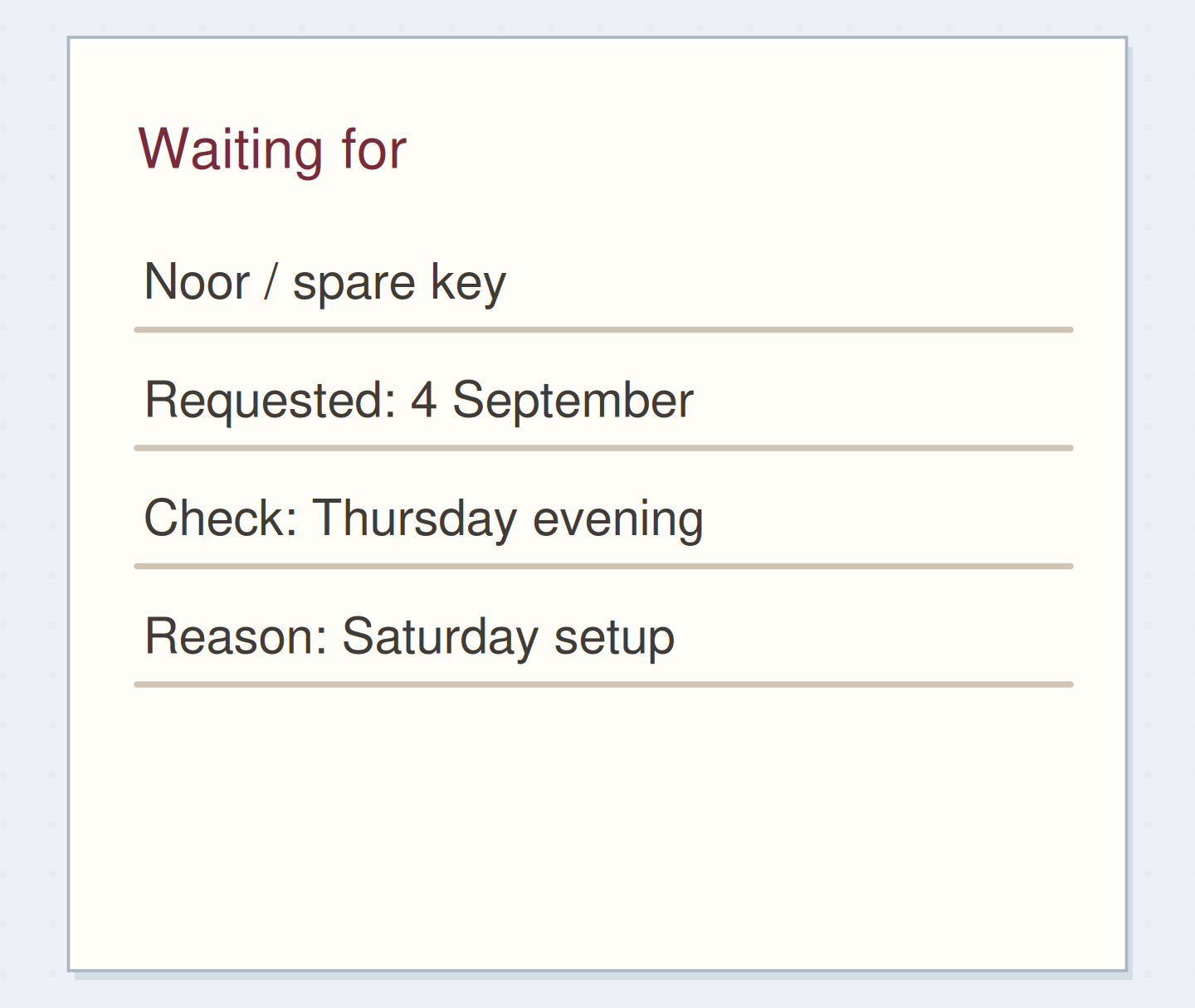 The waiting entry identifies the person, expected item, and review point.