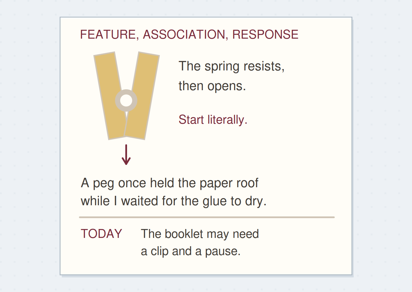 A peg’s physical action leads to a remembered making scene and a present-day reflection.